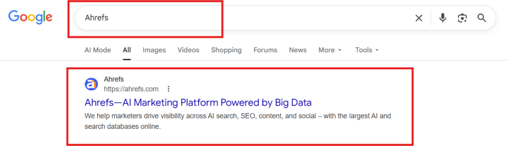Google Search Result for Ahrefs tool