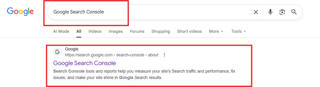 Google search Result for Google search console