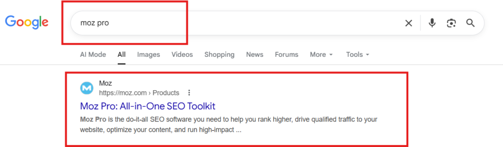Google search Result for Moz pro