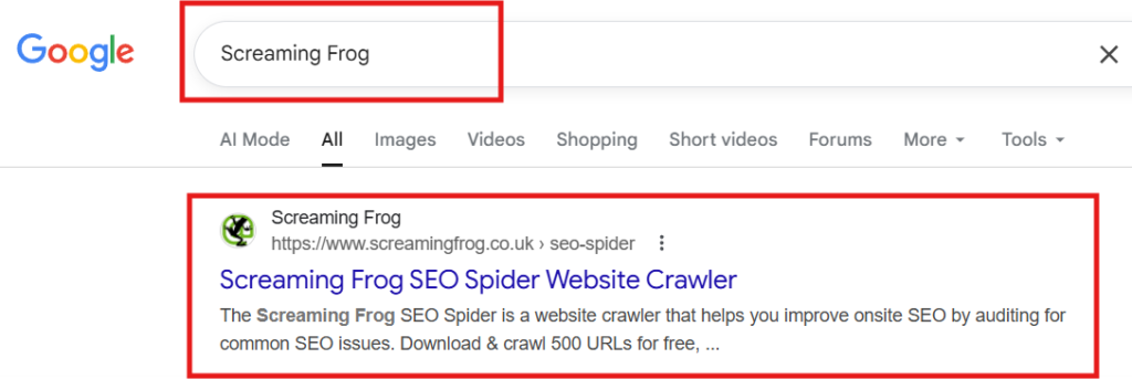 Google search Result for Screaming frog