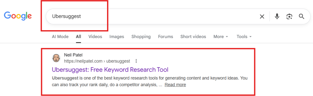 Google search Result for Ubersuggest