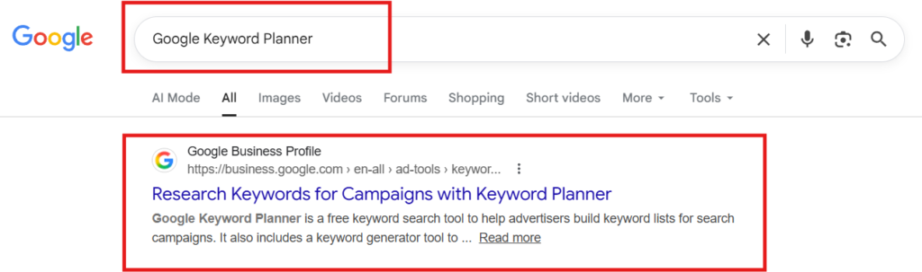 Google search Result for Google Keyword Planner