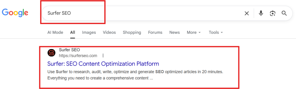 Google search Result for Surfer SEO