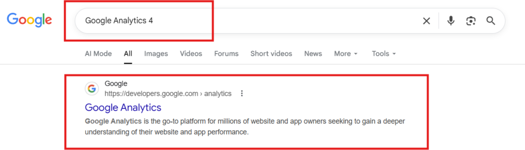 Google search Result for Google analytic 4