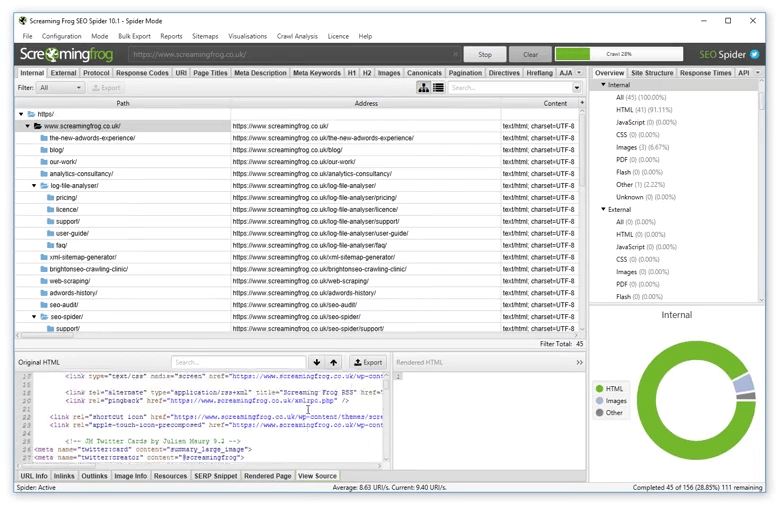 Screaming frog tool dashboard
