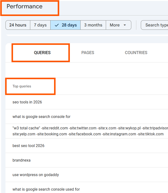 performance report queries section